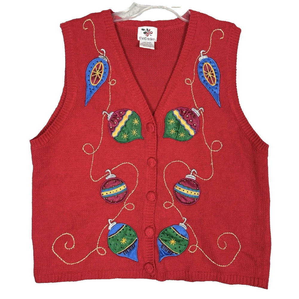 Vintage Nutcracker Red Knit Christmas Sweater Vest Embroidered Tree Ornaments L